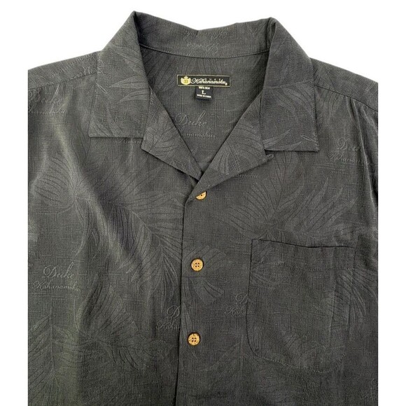 Duke Kahanamoku 100% Silk Shirt Hawaiian Black Tonal Embossed Palms Cabana LARGE - Picture 2 of 16